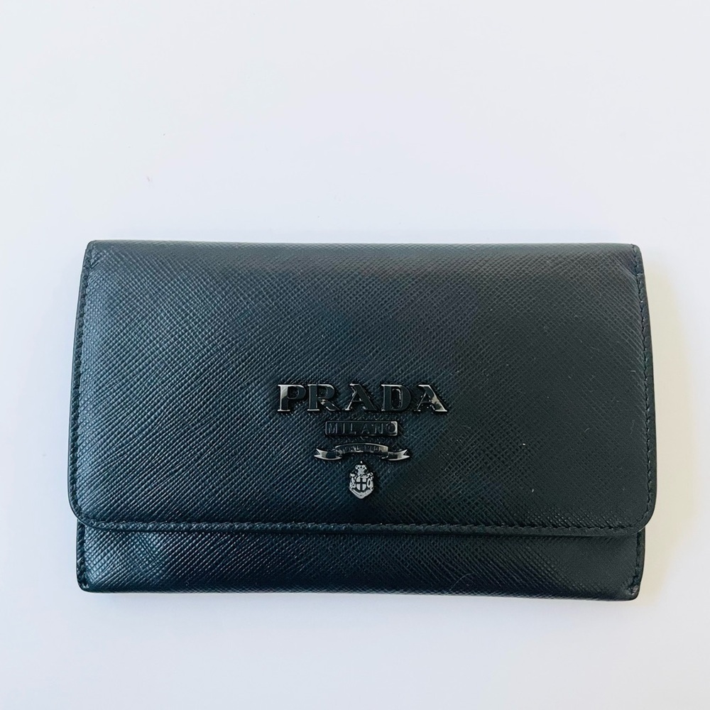 Prada Black Saffiano Leather Bi fold wallet card case logo embellished